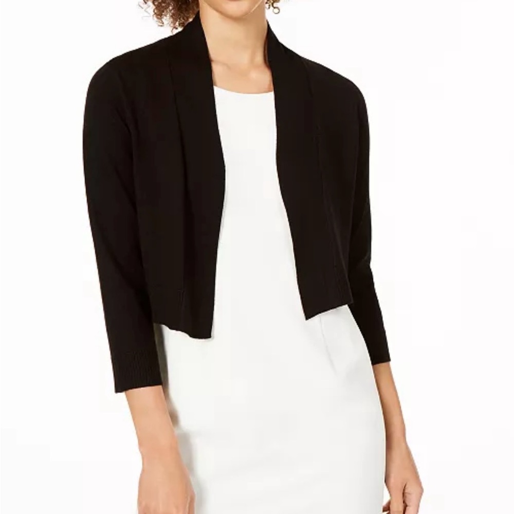 Calvin Klein Women's Black Cropped Open-Front Three-Quarter Sleeve Cardigan